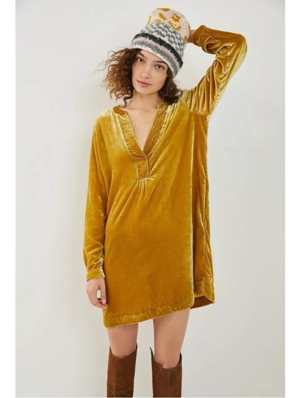 Anthropologie Melody Chartreuse Velvet Tunic Dress Size M